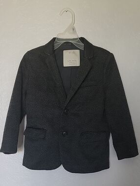 Zara Boys Black Herringbone Blazer with Contrast Collar